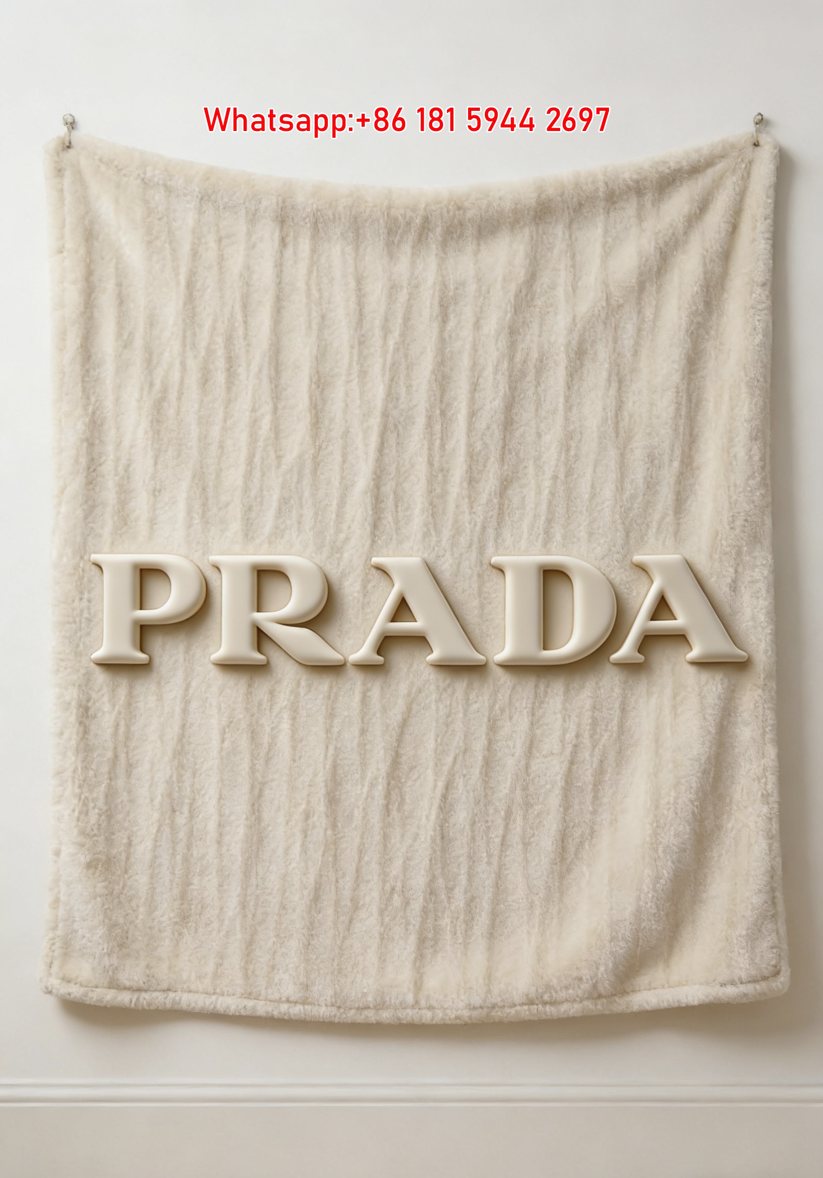 Prada Beige Textured Logo Printed Flannel Throw Blanket IMG_2764